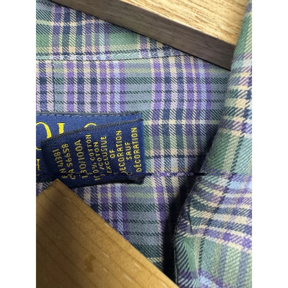 Polo Ralph Lauren Mens L Plaid Button Down Shirt Purple Green Long Sleeve Cotton